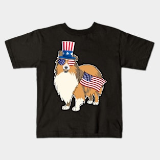 Sheltie Uncle Sam Hat Sunglasses Usa Flag 4th Of July Kids T-Shirt